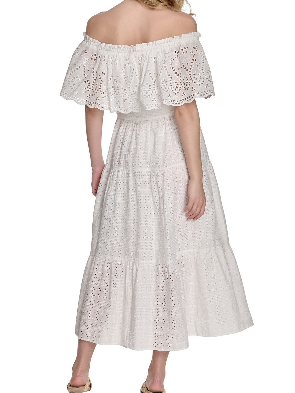 Eliza J Ivory White Off-Shoulder Eyelet Boho Cotton Midi Long Dress Belted Sz 4 - Picture 2 of 15